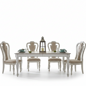 A six-piece dining set featuring a rectangular white table with distressed gray detailing and four matching high-back upholstered chairs with beige fabric, set against a plain white background.