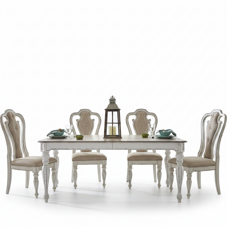 A six-piece dining set featuring a rectangular white table with distressed gray detailing and four matching high-back upholstered chairs with beige fabric, set against a plain white background.