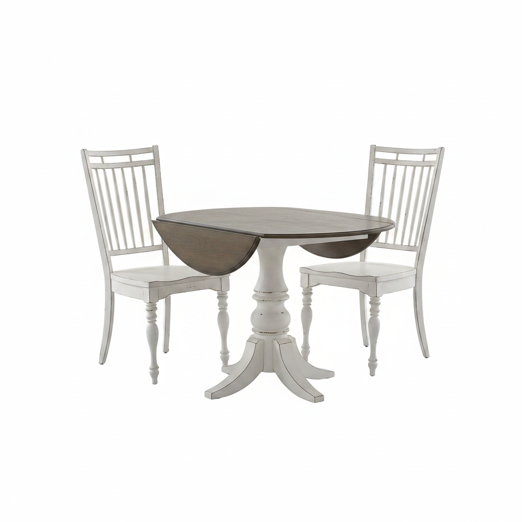 A three-piece dining set featuring a round pedestal table with drop-leaf wood tops and two matching white spindle-back chairs, shown on a plain white background.
