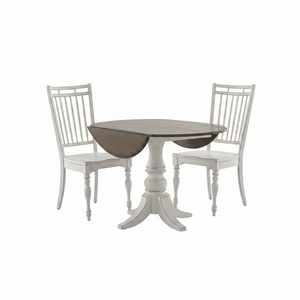 A three-piece dining set featuring a round pedestal table with drop-leaf wood tops and two matching white spindle-back chairs, shown on a plain white background.