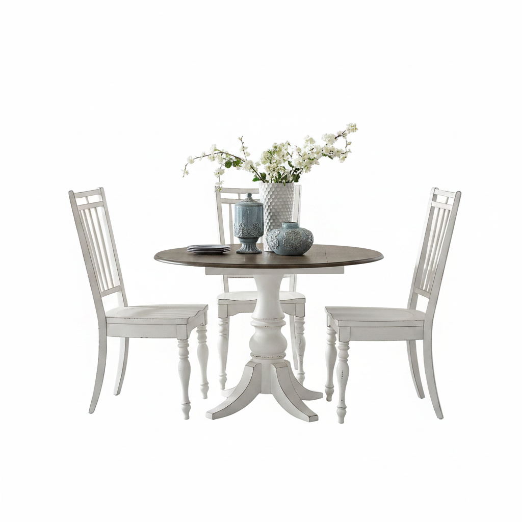 A 5-piece dining set featuring a round pedestal table with a dark brown wood-grain top and three matching white spindle-back chairs, styled with decorative vases and flowers on a clean white background.