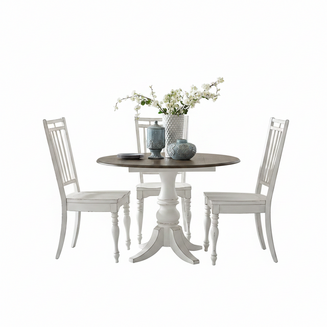 A 5-piece dining set featuring a round pedestal table with a dark brown wood-grain top and three matching white spindle-back chairs, styled with decorative vases and flowers on a clean white background.