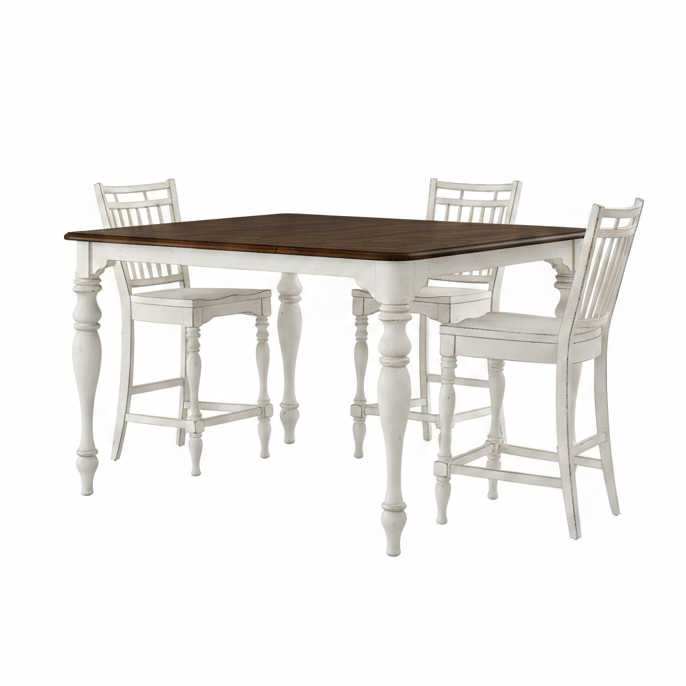 A 5-piece counter-height dining set featuring a square table with a dark brown wood top and distressed white legs, accompanied by four matching white bar stools with slatted backs, shown on a plain white background.
