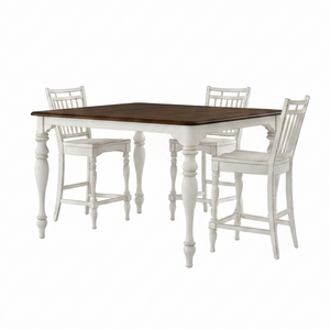 A 5-piece counter-height dining set featuring a square table with a dark brown wood top and distressed white legs, accompanied by four matching white bar stools with slatted backs, shown on a plain white background.