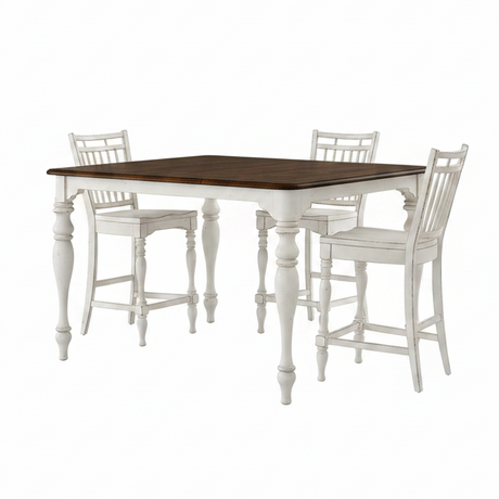 A 5-piece counter-height dining set featuring a square table with a dark brown wood top and distressed white legs, accompanied by four matching white bar stools with slatted backs, shown on a plain white background.