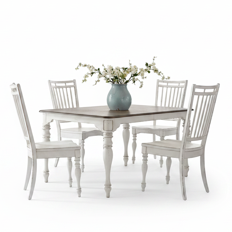 A white distressed dining set featuring a square table with a dark wood top and four matching high-back chairs, styled with a light blue vase of white flowers on a clean white background.