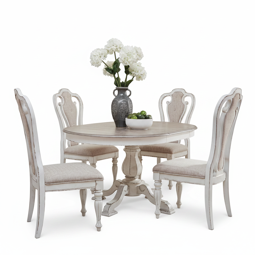 A 5-piece round dining table set with four distressed white chairs upholstered in beige fabric, featuring a matching pedestal table and a gray ceramic vase with white flowers on a clean white background.