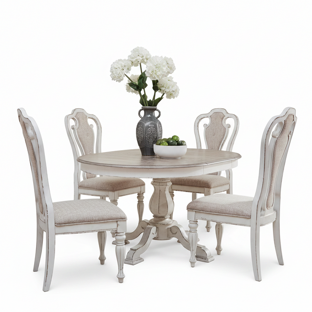 A 5-piece round dining table set with four distressed white chairs upholstered in beige fabric, featuring a matching pedestal table and a gray ceramic vase with white flowers on a clean white background.