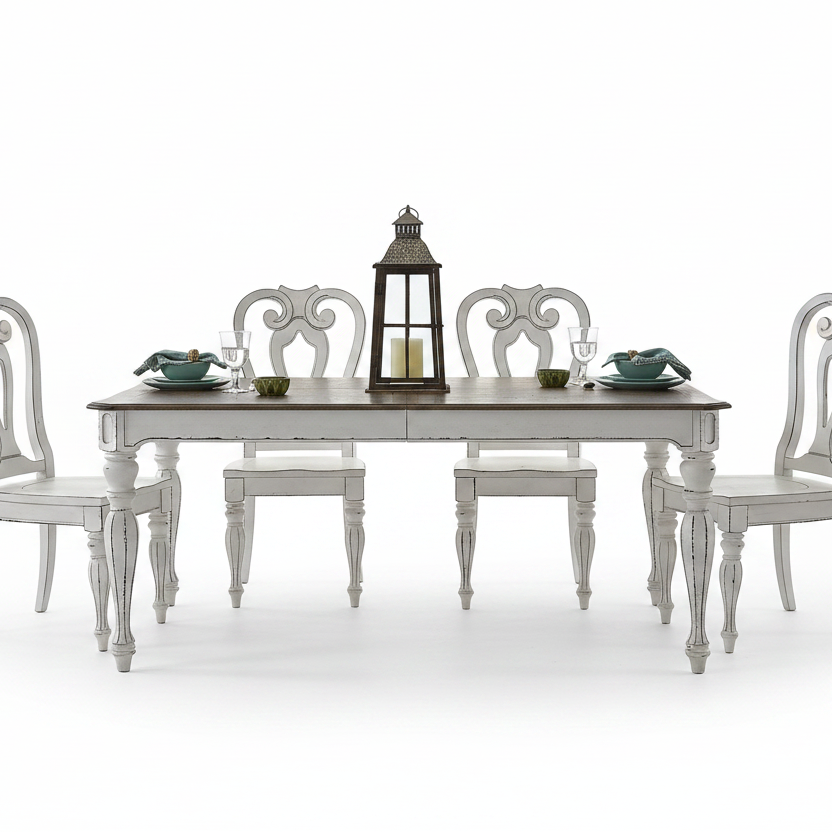 A white distressed dining table set with six matching chairs, a dark wood lantern centerpiece, and teal place settings on a clean white background.