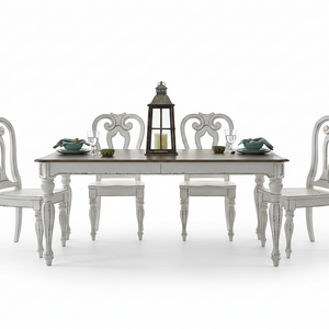 A white distressed dining table set with six matching chairs, a dark wood lantern centerpiece, and teal place settings on a clean white background.