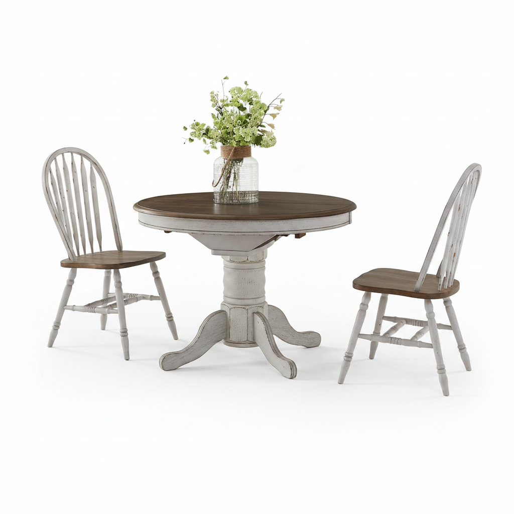 A round pedestal dining table with a dark brown wood top and distressed white base, accompanied by two matching spindle-back chairs with dark brown seats, shown on a white background with a vase of flowers on the table.