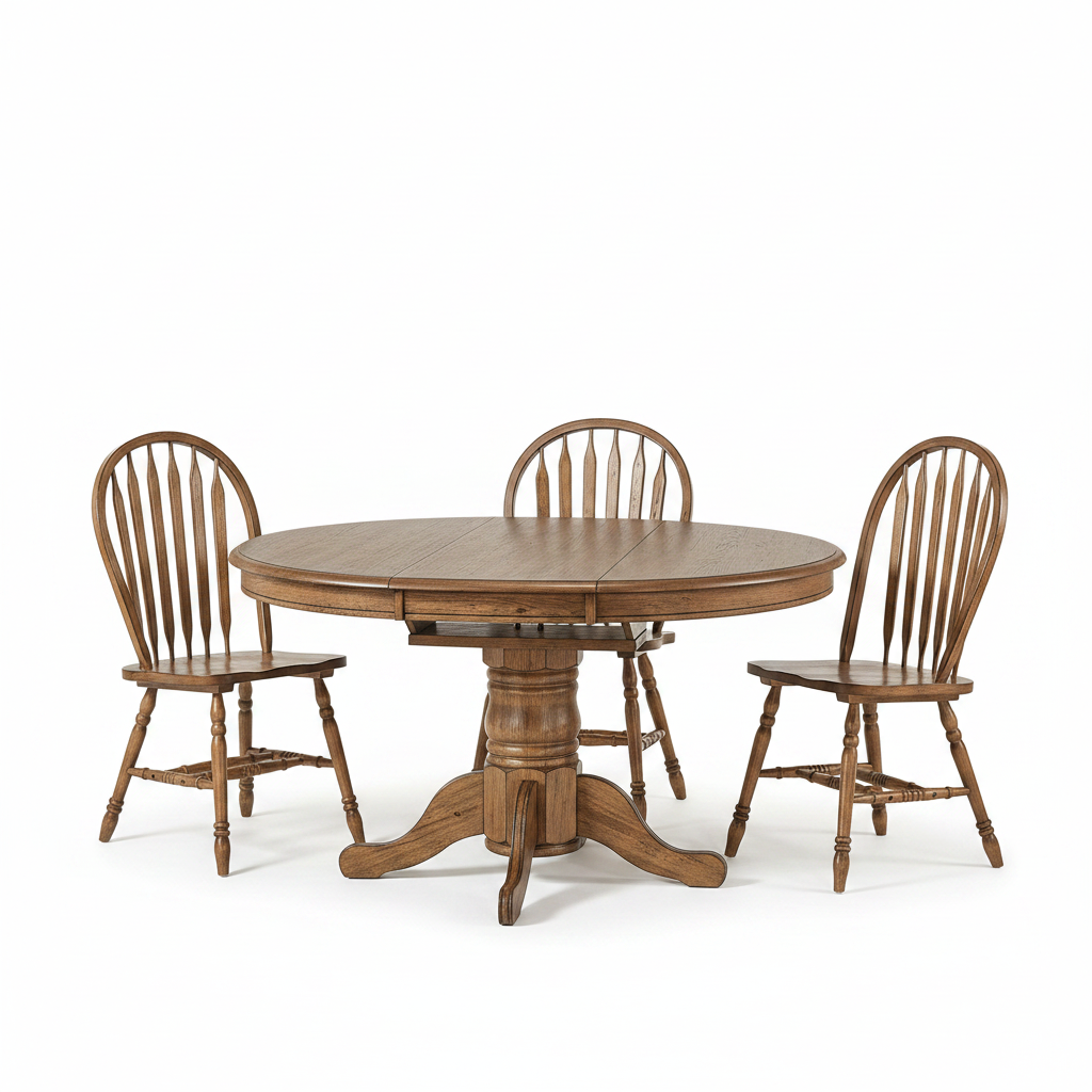 A round wooden dining table with a pedestal base, accompanied by four matching spindle-back chairs, photographed on a clean white studio background.