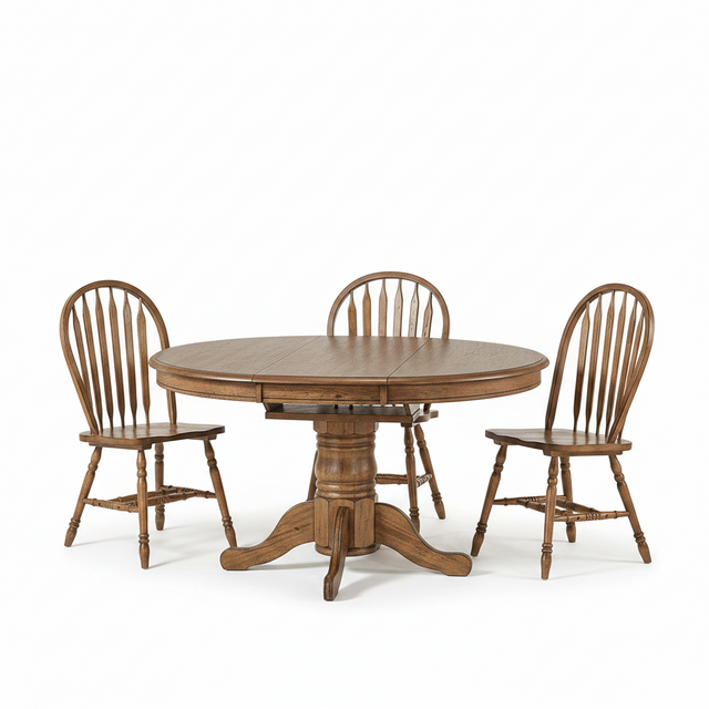 A round wooden dining table with a pedestal base, accompanied by four matching spindle-back chairs, photographed on a clean white studio background.