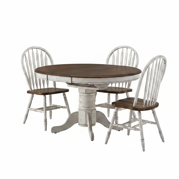 A 5-piece dining table set featuring a round pedestal table with a dark brown wood top and white distressed base, accompanied by four matching spindle-back chairs with white frames and brown wooden seats, shown on a solid white background.