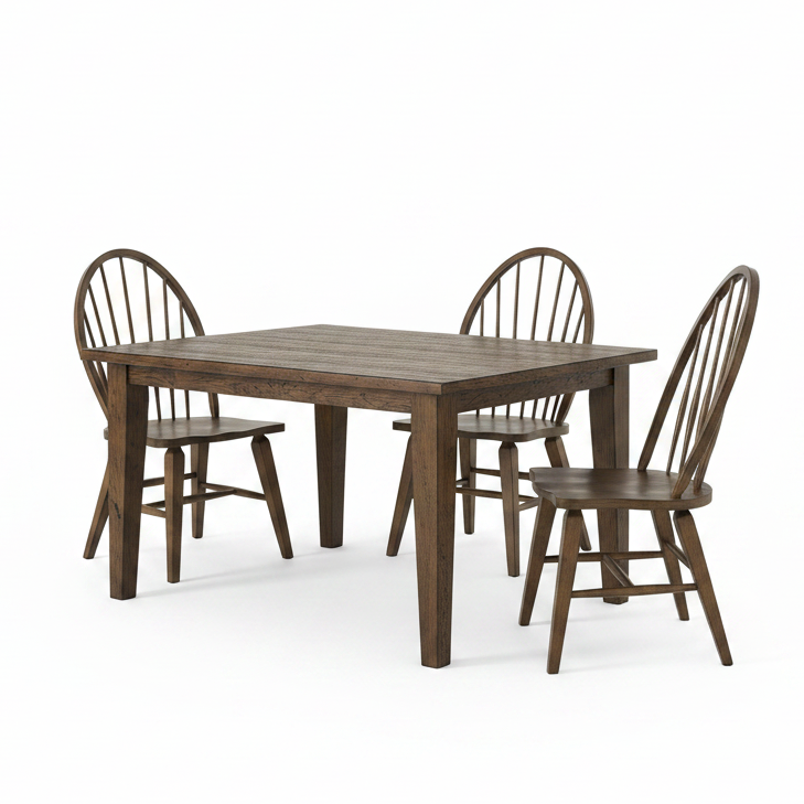 A 5-piece dining set featuring a rectangular wooden table and four matching spindle-back chairs in a dark brown finish, shown on a solid white background.