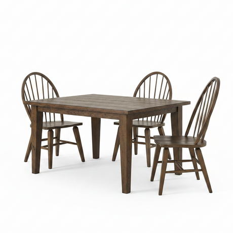 A 5-piece dining set featuring a rectangular wooden table and four matching spindle-back chairs in a dark brown finish, shown on a solid white background.