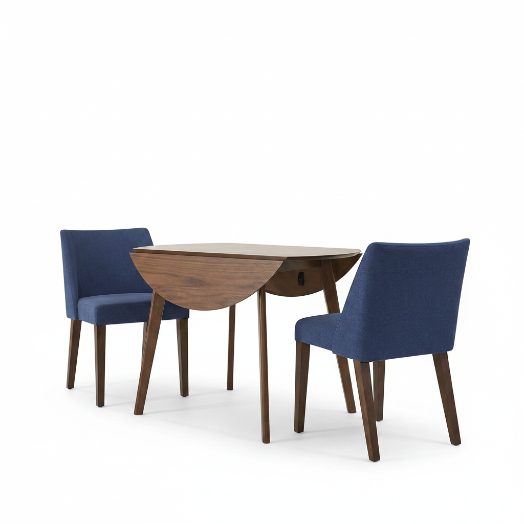 A mid-century modern dining set featuring a drop-leaf wooden table and two upholstered dining chairs in navy blue, shown on a clean white background.