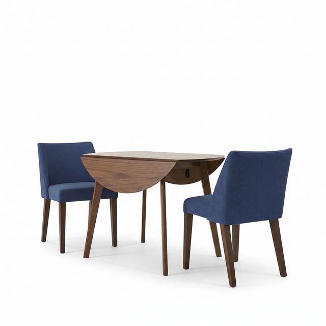 A mid-century modern dining set featuring a drop-leaf wooden table and two upholstered dining chairs in navy blue, shown on a clean white background.
