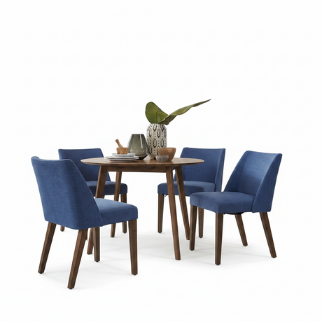 A 5-piece dining set featuring a round wooden table and four blue upholstered dining chairs with dark wood legs, styled with a vase and green leaves on a white background.