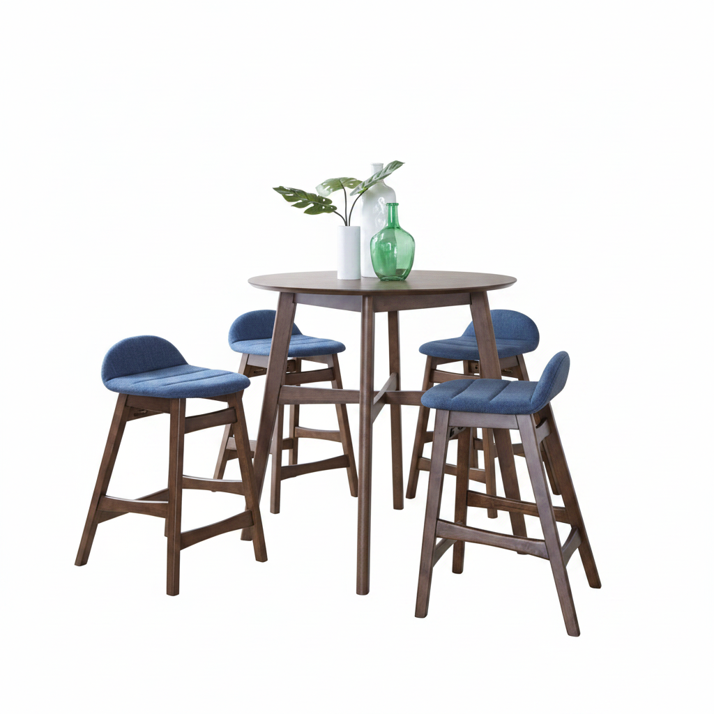 A 5-piece bar-height dining set featuring a round wooden table and four matching stools with blue upholstered seats, shown on a plain white background with decorative vases and a plant.
