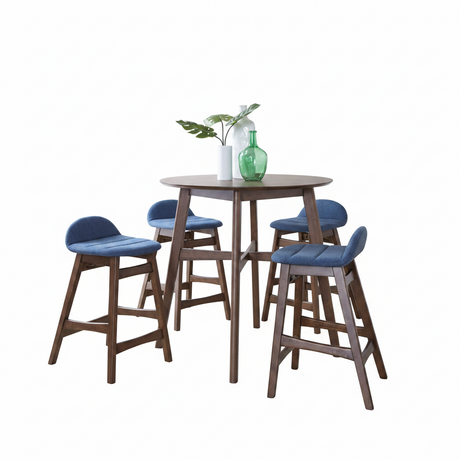 A 5-piece bar-height dining set featuring a round wooden table and four matching stools with blue upholstered seats, shown on a plain white background with decorative vases and a plant.