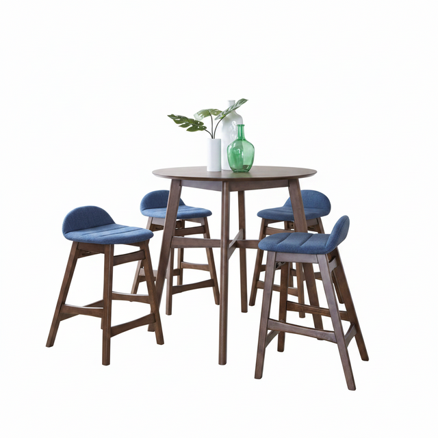 A 5-piece bar-height dining set featuring a round wooden table and four matching stools with blue upholstered seats, shown on a plain white background with decorative vases and a plant.