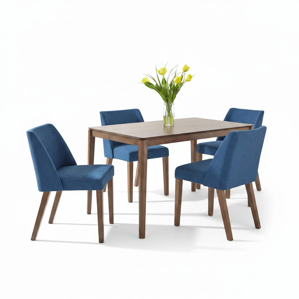 A 5-piece dining set featuring a rectangular wooden table and four matching upholstered dining chairs in blue fabric with brown wooden legs, styled with a vase of yellow tulips on a white background.