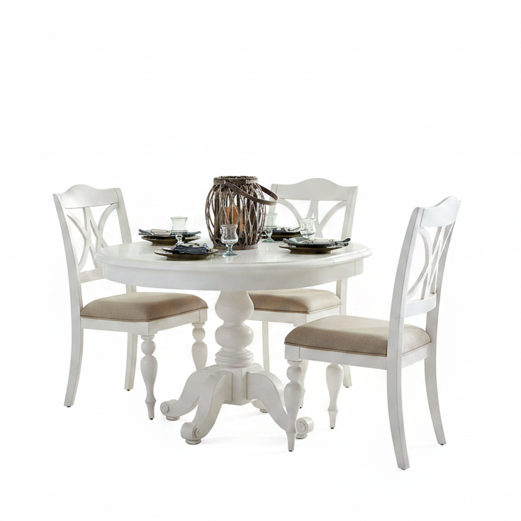 A white round pedestal dining table with four matching white chairs featuring beige upholstered seats, set on a clean white background with tableware and a decorative centerpiece.