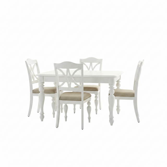 A white wooden dining table set with four matching chairs featuring cream-colored upholstered seats, shown against a plain white background.