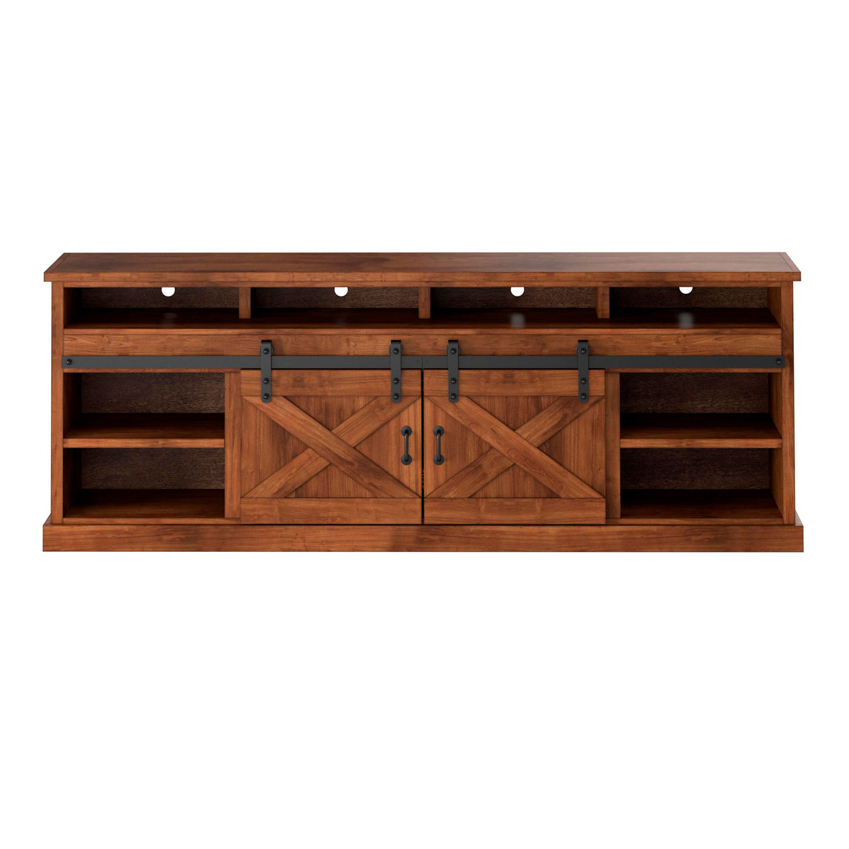 Open view of Farmhouse Aged Whiskey 94 Inch Fireplace Console