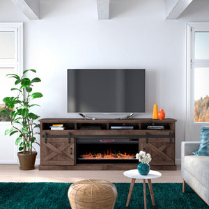 A room setting featuring Farmhouse Barnwood 94 Inch Fireplace Console