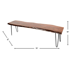 Detail image of Natures Edge Light Chestnut 70 Inch Bench with overlay of product dimensions