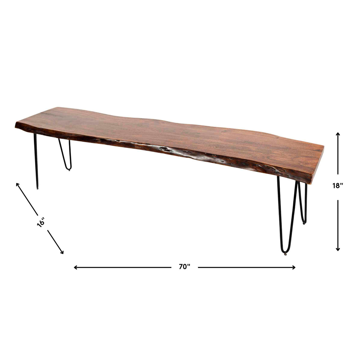 Detail image of Natures Edge Natural 70 Inch Bench with overlay of product dimensions