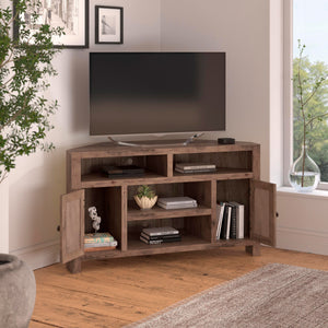 A room setting featuring Joshua Creek Barnwood Corner Console