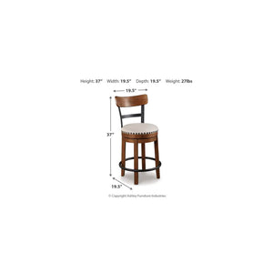 Detail image of Valebeck Brown Swivel Counter Stool with overlay of product dimensions