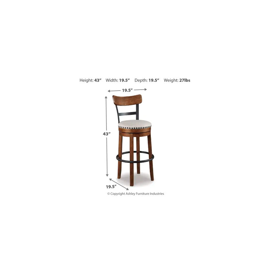 Detail image of Valebeck Brown Swivel Bar Stool with overlay of product dimensions