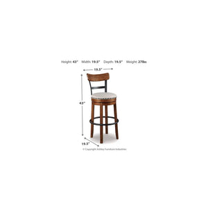 Detail image of Valebeck Brown Swivel Bar Stool with overlay of product dimensions