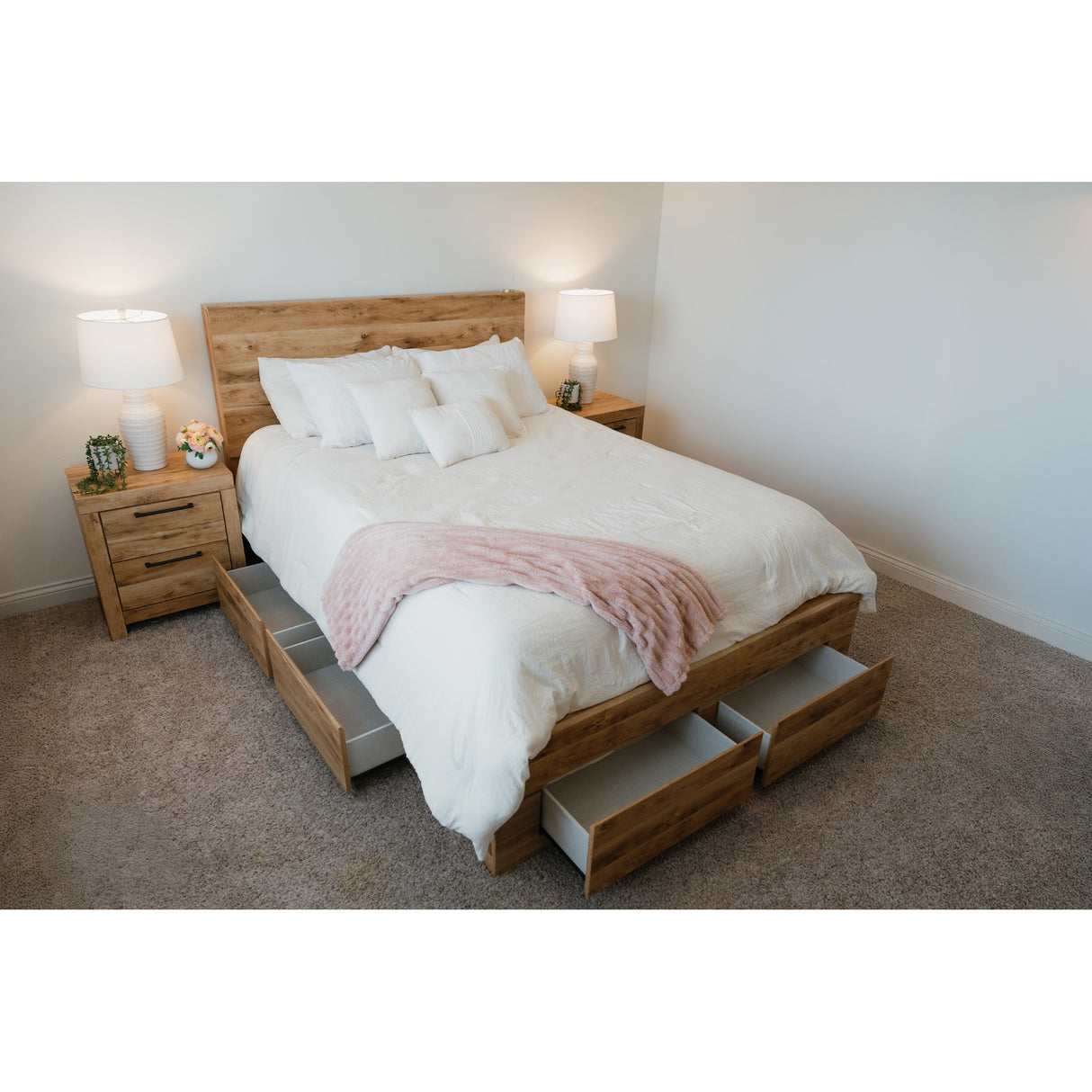 Room setting 9 featuring Hyanna Tan Queen Panel Storage Bed