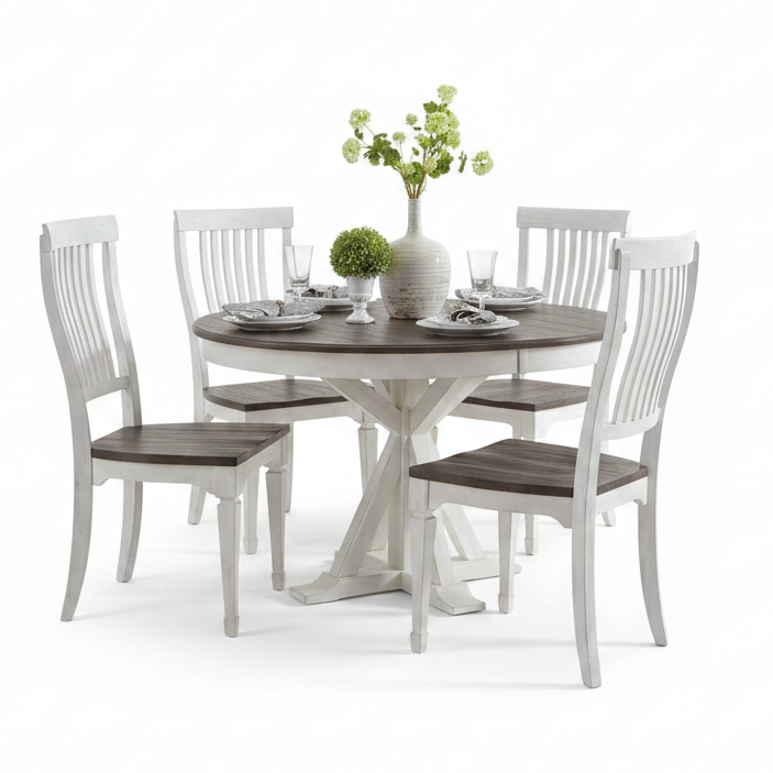 A round dining table set with six white chairs featuring dark brown wooden seats, shown on a clean white background with a floral centerpiece.