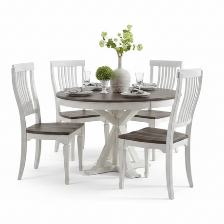 A round dining table set with six white chairs featuring dark brown wooden seats, shown on a clean white background with a floral centerpiece.