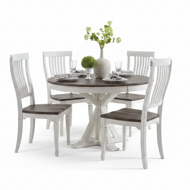A round dining table set with six white chairs featuring dark brown wooden seats, shown on a clean white background with a floral centerpiece.