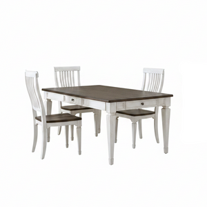 A 5-piece dining set featuring a rectangular table with a dark brown wood top and white frame, accompanied by four matching white chairs with slatted backs and dark brown seats, shown on a plain white background.