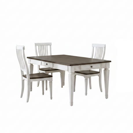 A 5-piece dining set featuring a rectangular table with a dark brown wood top and white frame, accompanied by four matching white chairs with slatted backs and dark brown seats, shown on a plain white background.