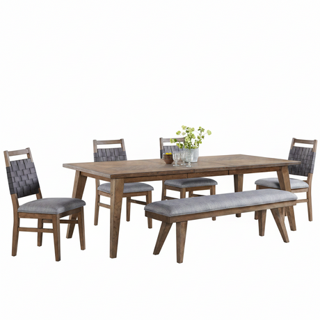 A 6-piece dining room furniture set including a rectangular wooden table, a matching bench with a gray cushion, and four chairs with gray upholstered seats and woven backs, shown on a plain white background.