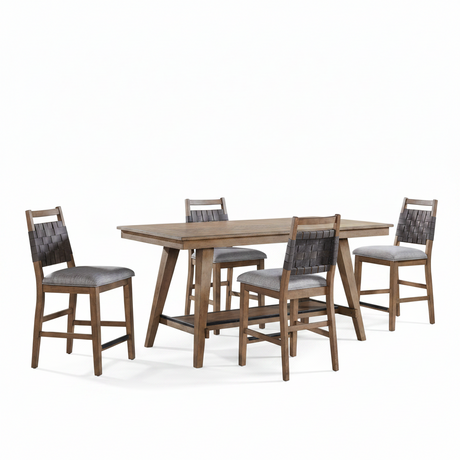 A 5-piece bar-height dining set featuring a rectangular wood table and four matching stools with woven backs and gray upholstered seats, shown on a plain white background.