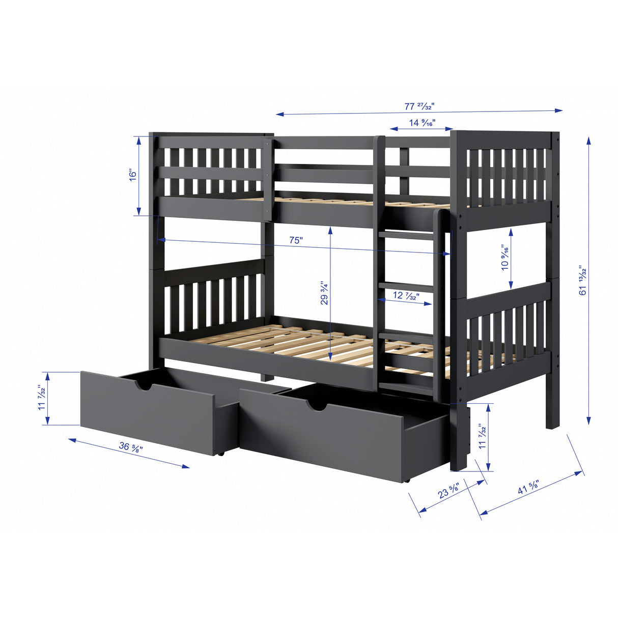 Detail image of Jordan Gray Twin Over Twin Bunk Bed With Drawers with overlay of product dimensions