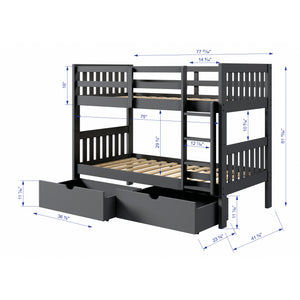 Detail image of Jordan Gray Twin Over Twin Bunk Bed With Drawers with overlay of product dimensions