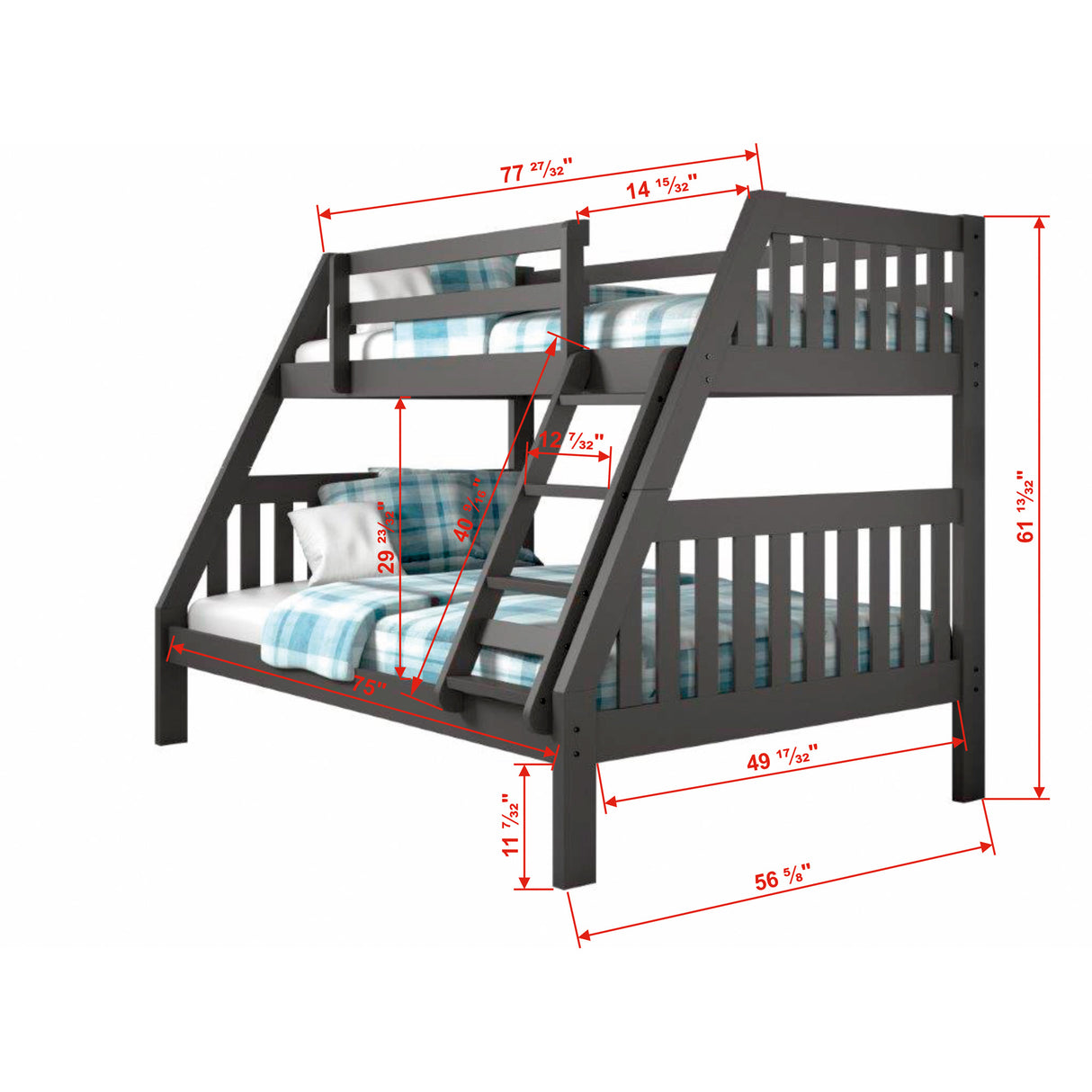 Detail image of Jordan Gray Twin Over Full Bunk Bed With Drawers with overlay of product dimensions