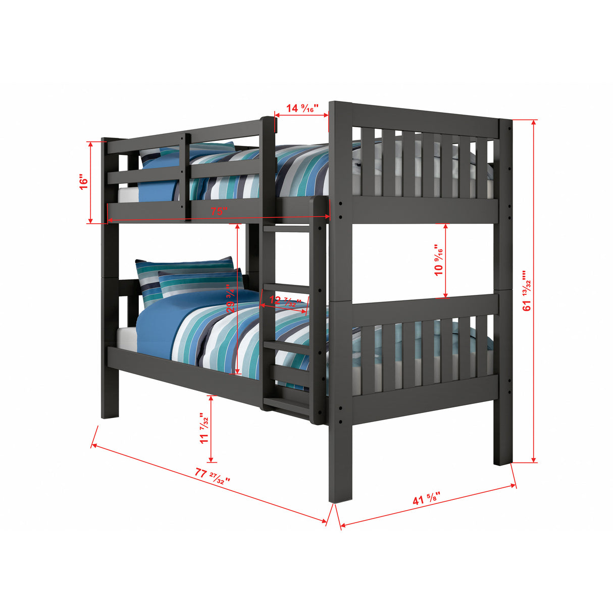 Detail image of Jordan Gray Twin Over Twin Bunk Bed with overlay of product dimensions