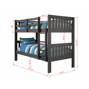 Detail image of Jordan Gray Twin Over Twin Bunk Bed with overlay of product dimensions